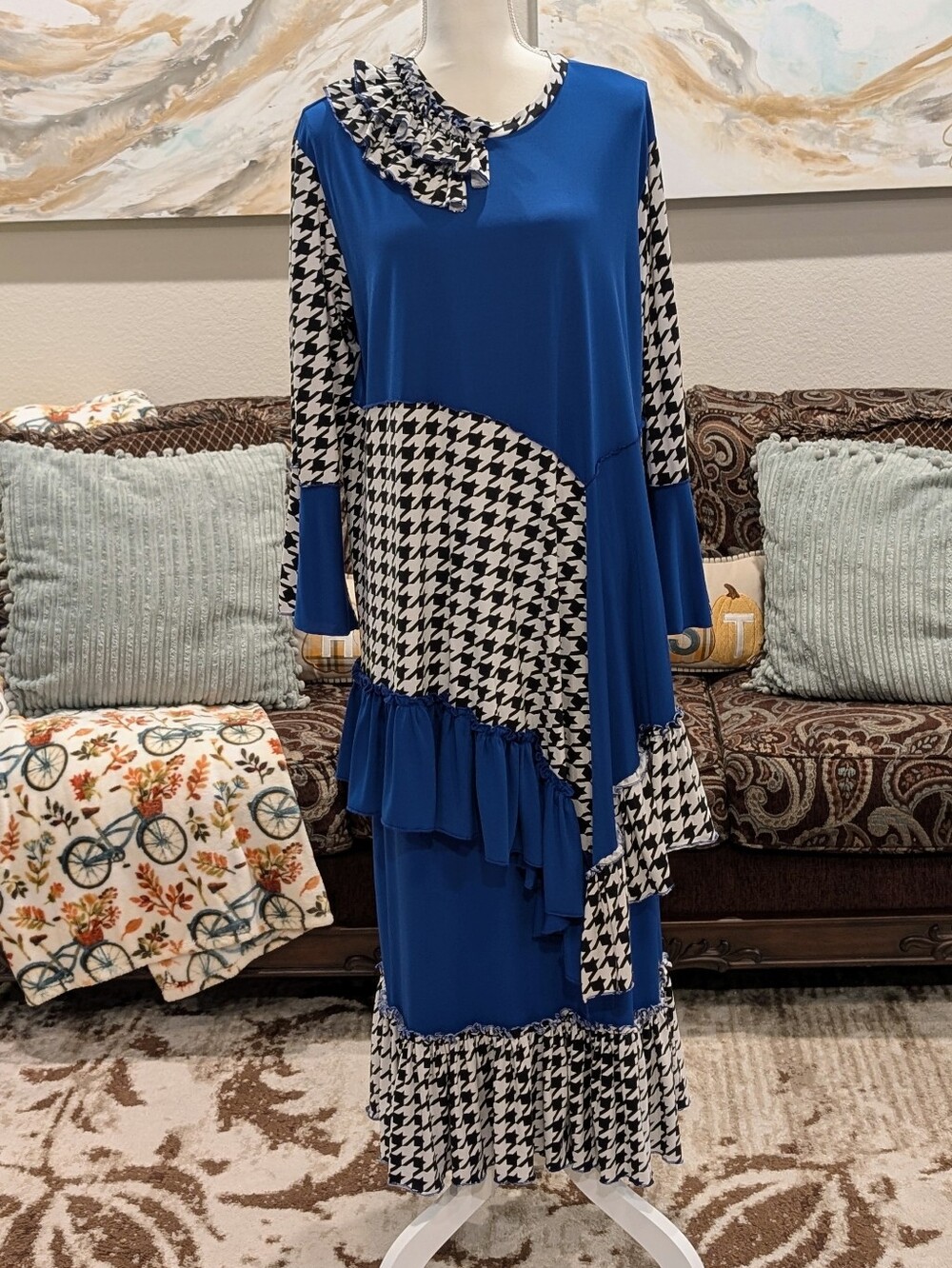 Blue Houndstooth Ruffle Skirt Set